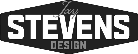logo, black hexagon with "STEVENS" big and bold, cursive "J" above, "DESIGN" on bottom